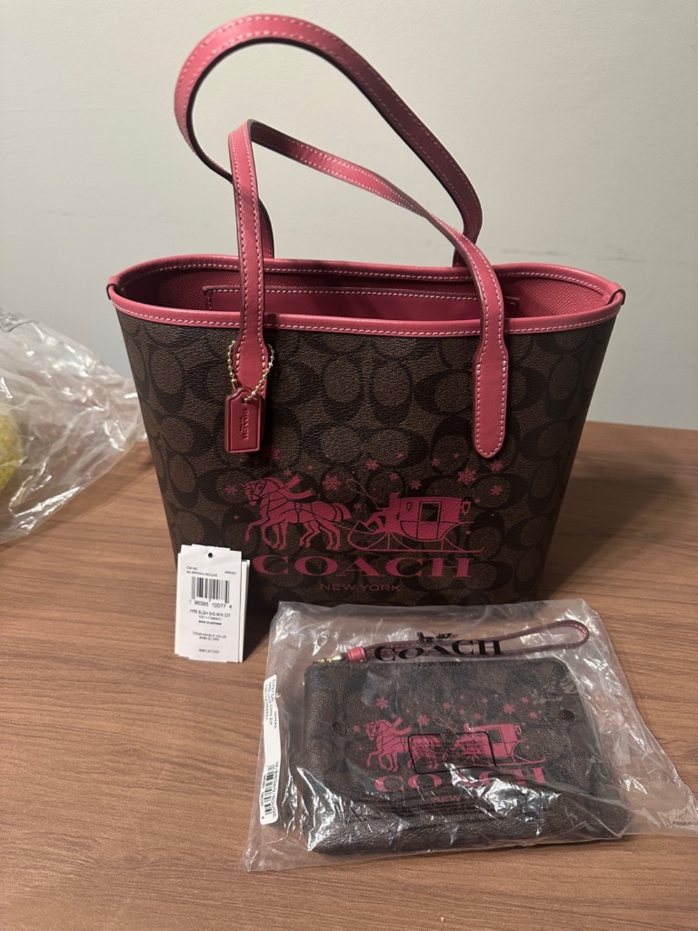 Coach Small City Tote with matching wristlet- Brown/Rouge